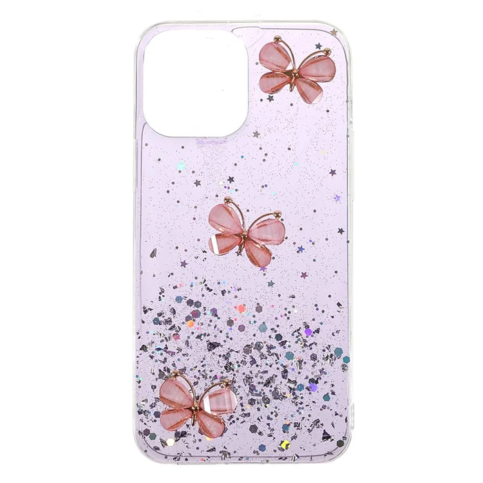 3D Butterfly Pattern Glitter Sequins Epoxy TPU Cell Phone Back Case Protector for iPhone 13 6.1 inch - Light Purple - 1