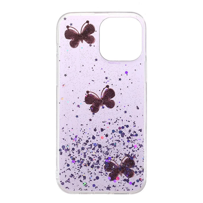 3D Butterfly Pattern Glitter Sequins Epoxy TPU Cell Phone Back Case Protector for iPhone 13 6.1 inch - Light Purple - 2