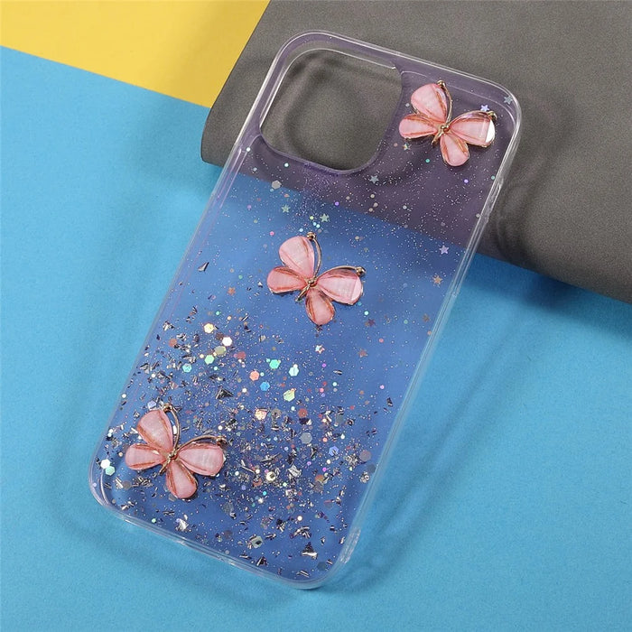 3D Butterfly Pattern Glitter Sequins Epoxy TPU Cell Phone Back Case Protector for iPhone 13 6.1 inch - Light Purple - 3
