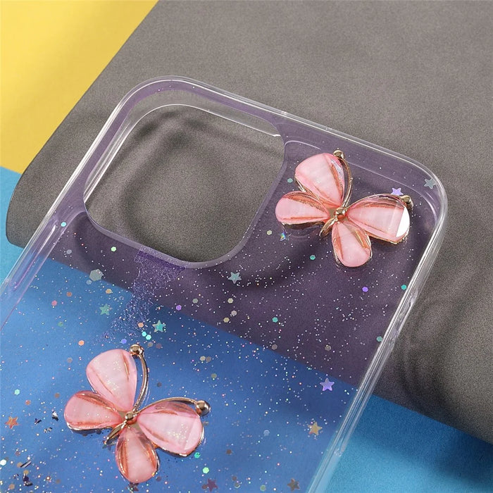 3D Butterfly Pattern Glitter Sequins Epoxy TPU Cell Phone Back Case Protector for iPhone 13 6.1 inch - Light Purple - 4