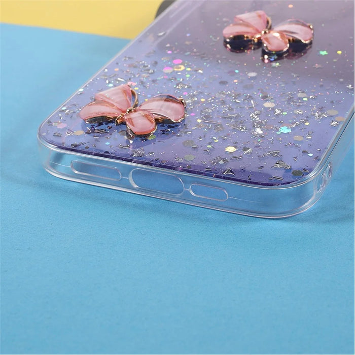 3D Butterfly Pattern Glitter Sequins Epoxy TPU Cell Phone Back Case Protector for iPhone 13 6.1 inch - Light Purple - 5