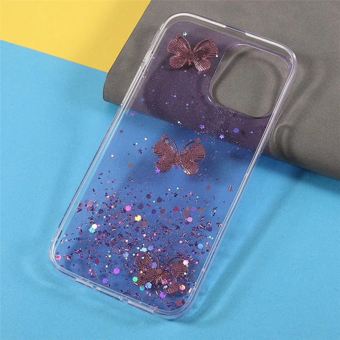 3D Butterfly Pattern Glitter Sequins Epoxy TPU Cell Phone Back Case Protector for iPhone 13 6.1 inch - Light Purple - 6