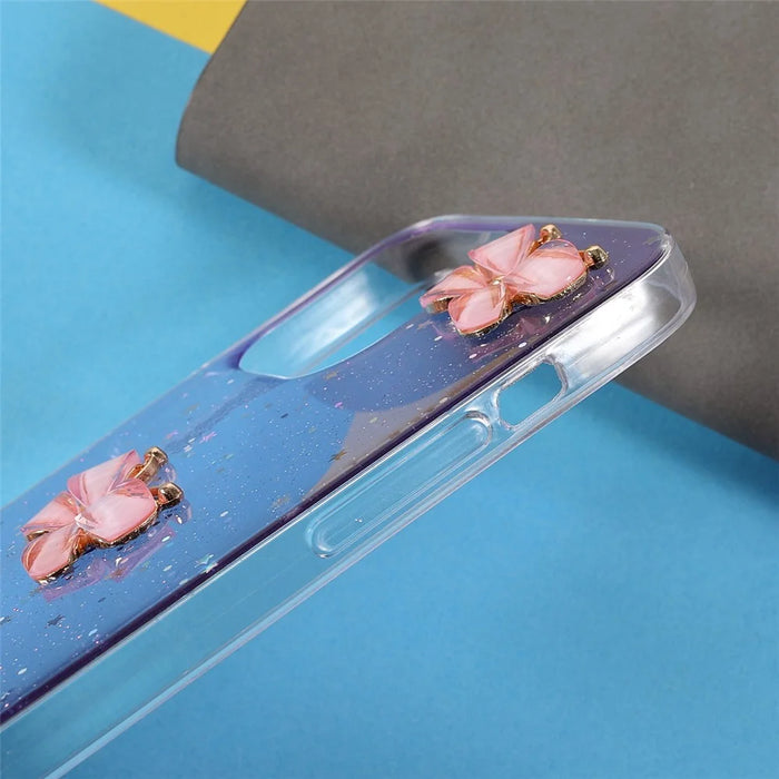 3D Butterfly Pattern Glitter Sequins Epoxy TPU Cell Phone Back Case Protector for iPhone 13 6.1 inch - Light Purple - 7