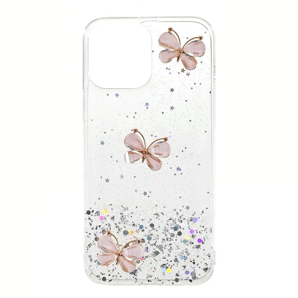 3D Butterfly Pattern Glittering Epoxy TPU Cell Phone Cover Shell for iPhone 13 Pro 6.1 inch - Transparent - 1