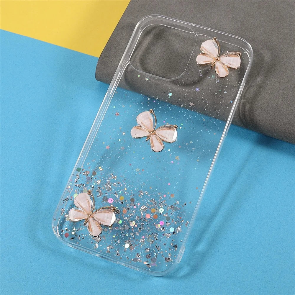 3D Butterfly Pattern Glittering Epoxy TPU Cell Phone Cover Shell for iPhone 13 Pro 6.1 inch - Transparent - 3