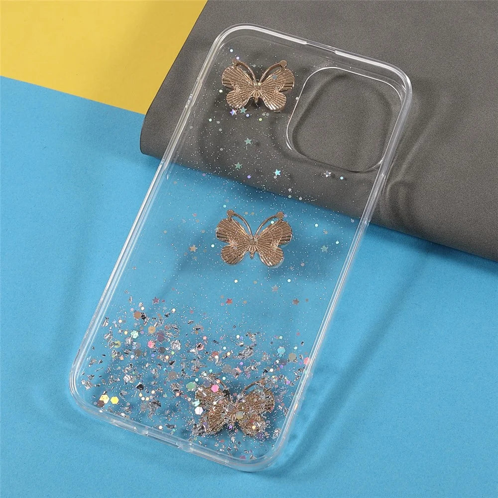 3D Butterfly Pattern Glittering Epoxy TPU Cell Phone Cover Shell for iPhone 13 Pro 6.1 inch - Transparent - 6