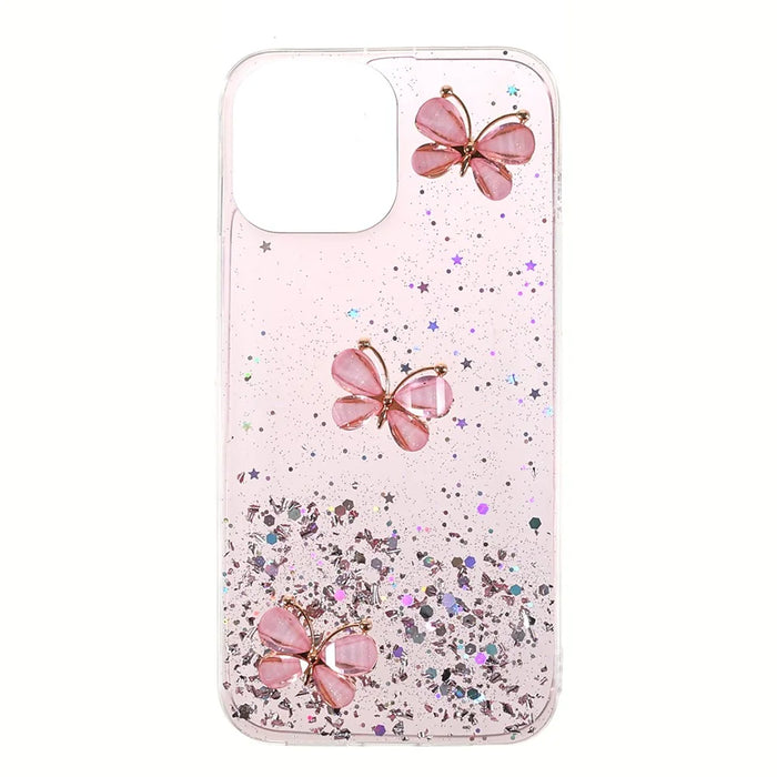 3D Butterfly Pattern Glitter Powder Epoxy TPU Phone Case Protector for iPhone 13 Pro Max 6.7 inch - Pink - 1