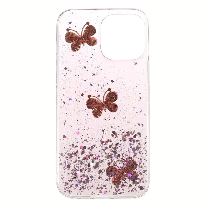 3D Butterfly Pattern Glitter Powder Epoxy TPU Phone Case Protector for iPhone 13 Pro Max 6.7 inch - Pink - 2