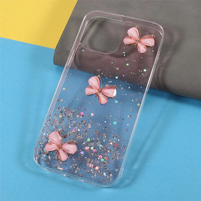 3D Butterfly Pattern Glitter Powder Epoxy TPU Phone Case Protector for iPhone 13 Pro Max 6.7 inch - Pink - 3
