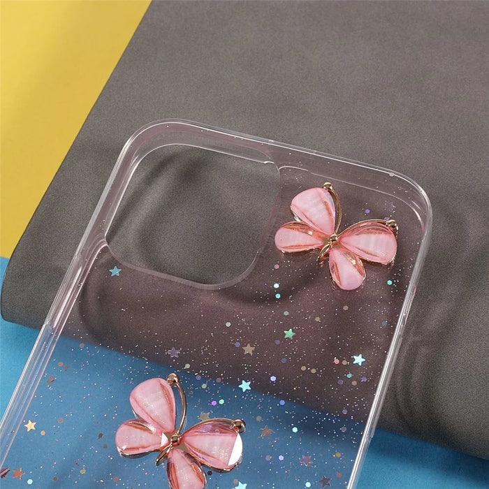 3D Butterfly Pattern Glitter Powder Epoxy TPU Phone Case Protector for iPhone 13 Pro Max 6.7 inch - Pink - 4