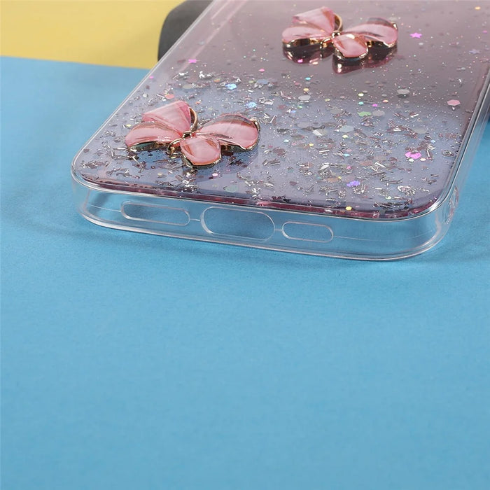 3D Butterfly Pattern Glitter Powder Epoxy TPU Phone Case Protector for iPhone 13 Pro Max 6.7 inch - Pink - 5