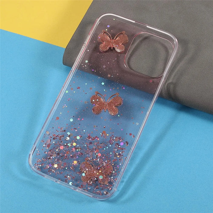 3D Butterfly Pattern Glitter Powder Epoxy TPU Phone Case Protector for iPhone 13 Pro Max 6.7 inch - Pink - 6
