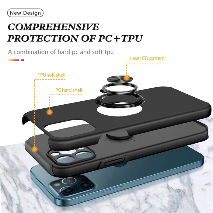 Soft Flexible TPU + Hard PC Back Shell Shockproof Cover with Ring Car Mount Kickstand for iPhone 13 6.1 inch - Black - 4