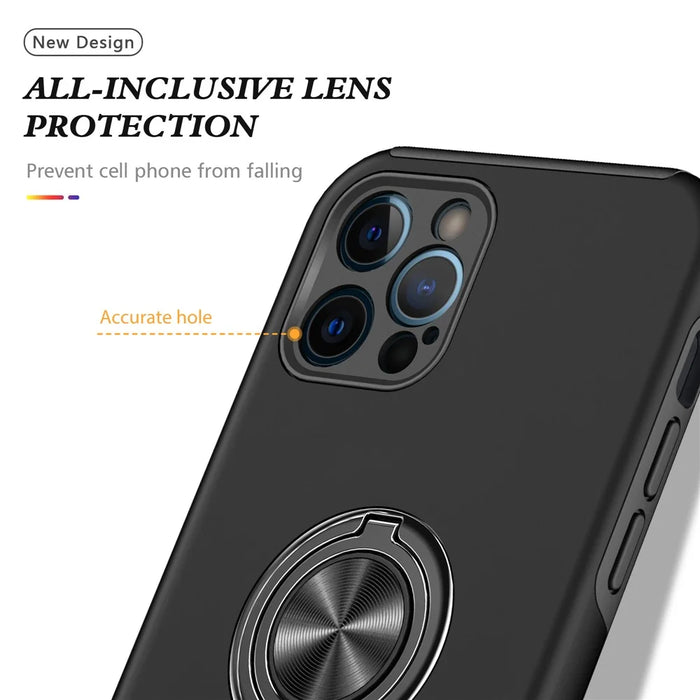 Soft Flexible TPU + Hard PC Back Shell Shockproof Cover with Ring Car Mount Kickstand for iPhone 13 6.1 inch - Black - 6