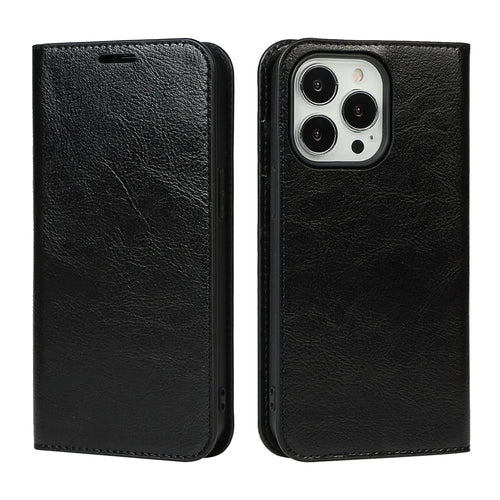 Crazy Horse Texture Genuine Leather Folio Flip Wallet Cover with Stand for iPhone 13 Pro 6.1 inch -Black - 1