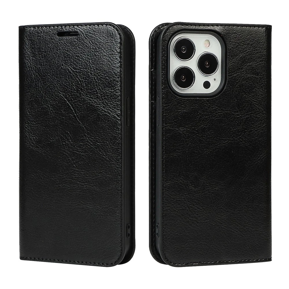 Crazy Horse Texture Genuine Leather Folio Flip Wallet Cover with Stand for iPhone 13 Pro 6.1 inch -Black - 1