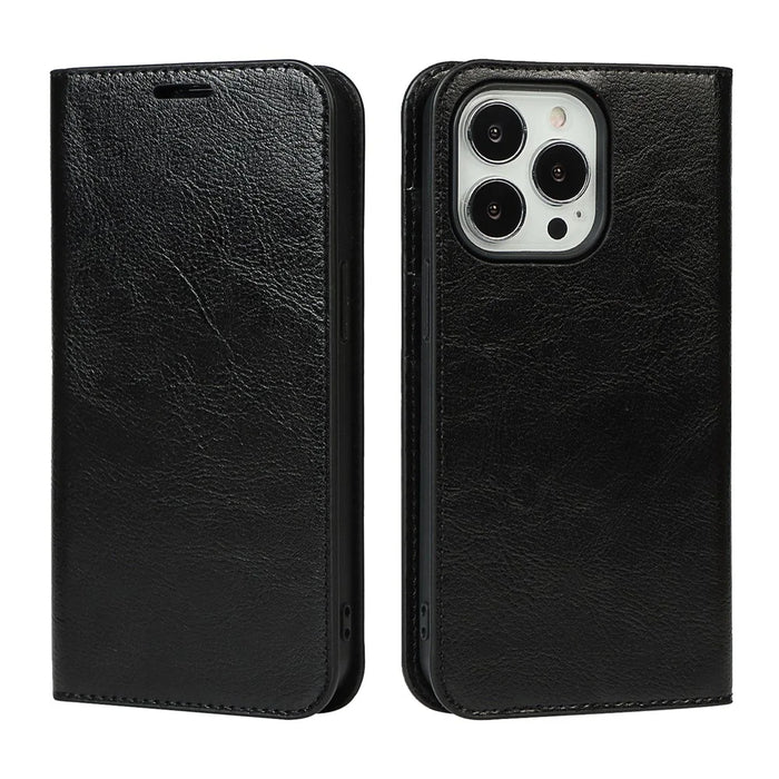 Crazy Horse Texture Genuine Leather Folio Flip Wallet Cover with Stand for iPhone 13 Pro 6.1 inch -Black - 1