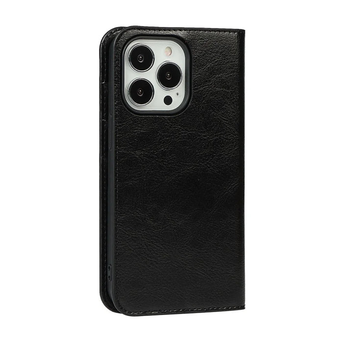 Crazy Horse Texture Genuine Leather Folio Flip Wallet Cover with Stand for iPhone 13 Pro 6.1 inch -Black - 3