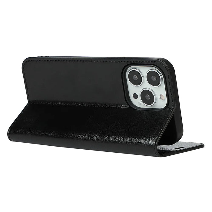 Crazy Horse Texture Genuine Leather Folio Flip Wallet Cover with Stand for iPhone 13 Pro 6.1 inch -Black - 5