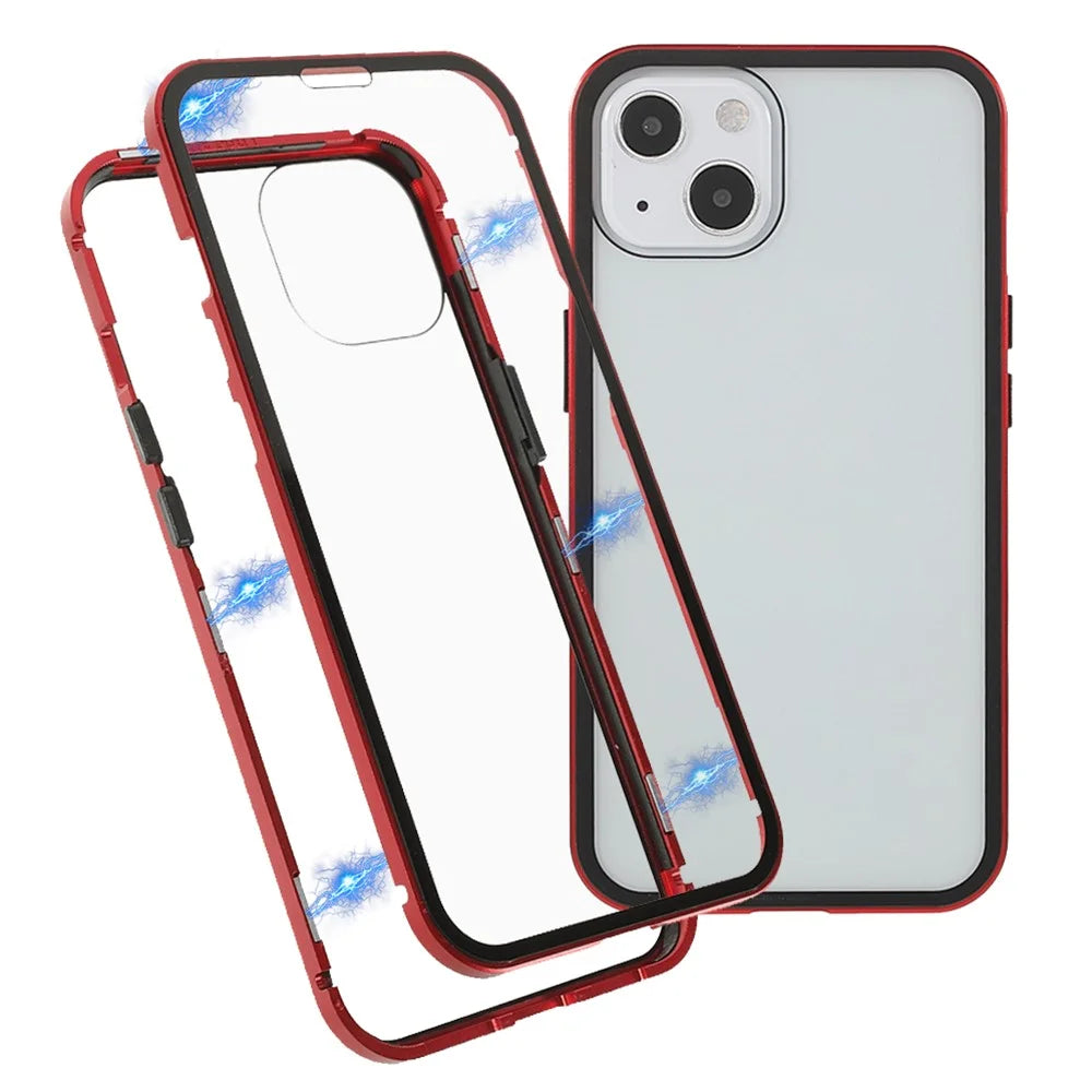 For iPhone 13 Full Body Case Magnetic Tempered Glass Double-Sided Phone Case - Red - 1