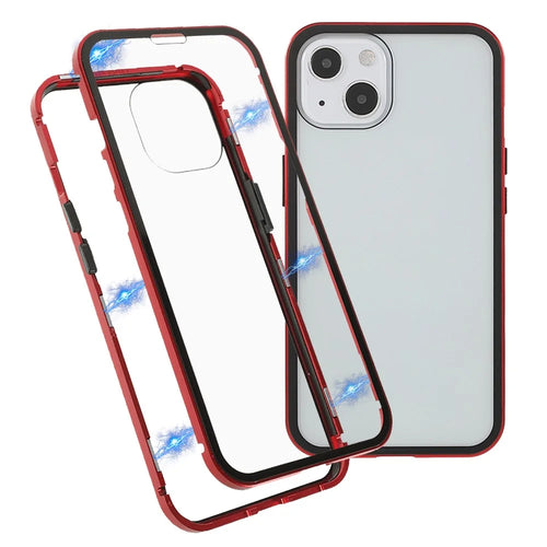For iPhone 13 Full Body Case Magnetic Tempered Glass Double-Sided Phone Case - Red - 1