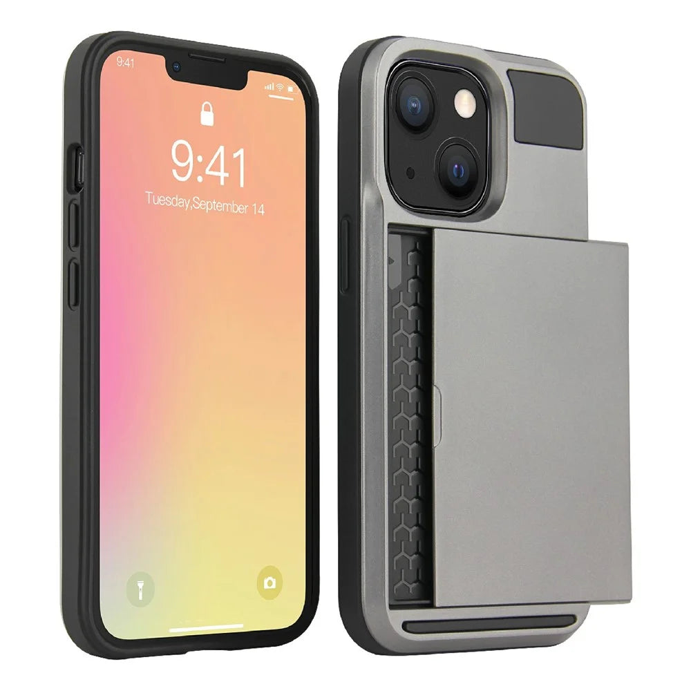 Anti Scratch TPU + PC Phone Cover Protector with Slide Card Holder for iPhone 13 Pro 6.1 inch - Grey - 1