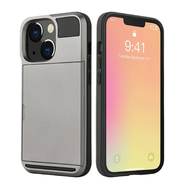 Anti Scratch TPU + PC Phone Cover Protector with Slide Card Holder for iPhone 13 Pro 6.1 inch - Grey - 2