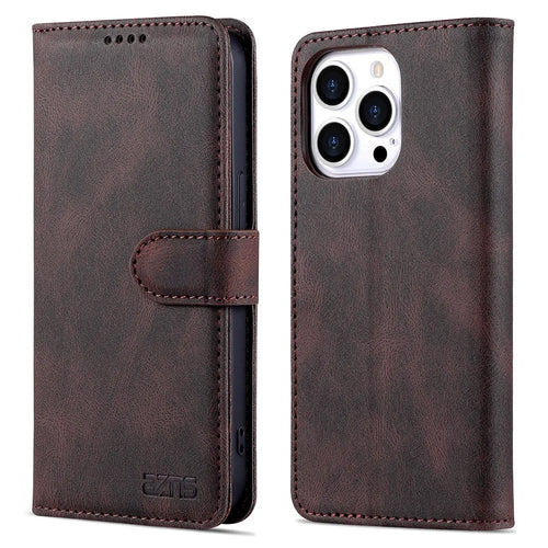 AZNS Full Protection Anti-Drop Anti-Scratch Wallet Design Phone Case with Stand for iPhone 13 Pro Max 6.7 inch - Brown - 1