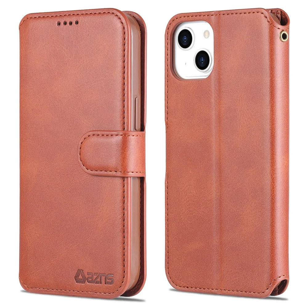 AZNS Magnetic Clasp Anti-Fall Wallet Design Protective Leather Phone Cover Stand Case for iPhone 13 6.1 inch - Brown - 1