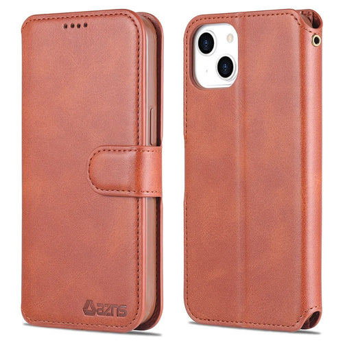AZNS Magnetic Clasp Anti-Fall Wallet Design Protective Leather Phone Cover Stand Case for iPhone 13 6.1 inch - Brown - 1