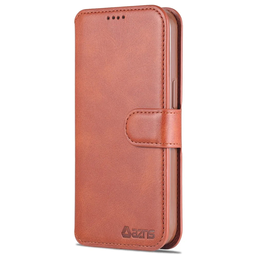 AZNS Magnetic Clasp Anti-Fall Wallet Design Protective Leather Phone Cover Stand Case for iPhone 13 6.1 inch - Brown - 2