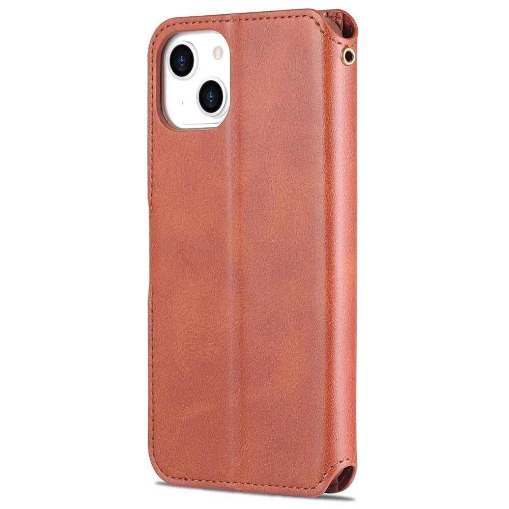 AZNS Magnetic Clasp Anti-Fall Wallet Design Protective Leather Phone Cover Stand Case for iPhone 13 6.1 inch - Brown - 3