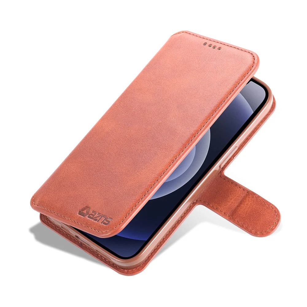 AZNS Magnetic Clasp Anti-Fall Wallet Design Protective Leather Phone Cover Stand Case for iPhone 13 6.1 inch - Brown - 4