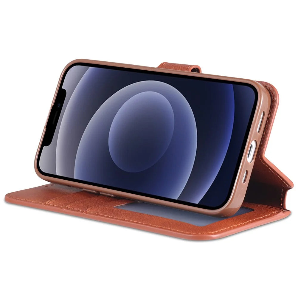 AZNS Magnetic Clasp Anti-Fall Wallet Design Protective Leather Phone Cover Stand Case for iPhone 13 6.1 inch - Brown - 5