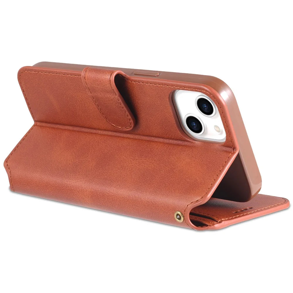 AZNS Magnetic Clasp Anti-Fall Wallet Design Protective Leather Phone Cover Stand Case for iPhone 13 6.1 inch - Brown - 6