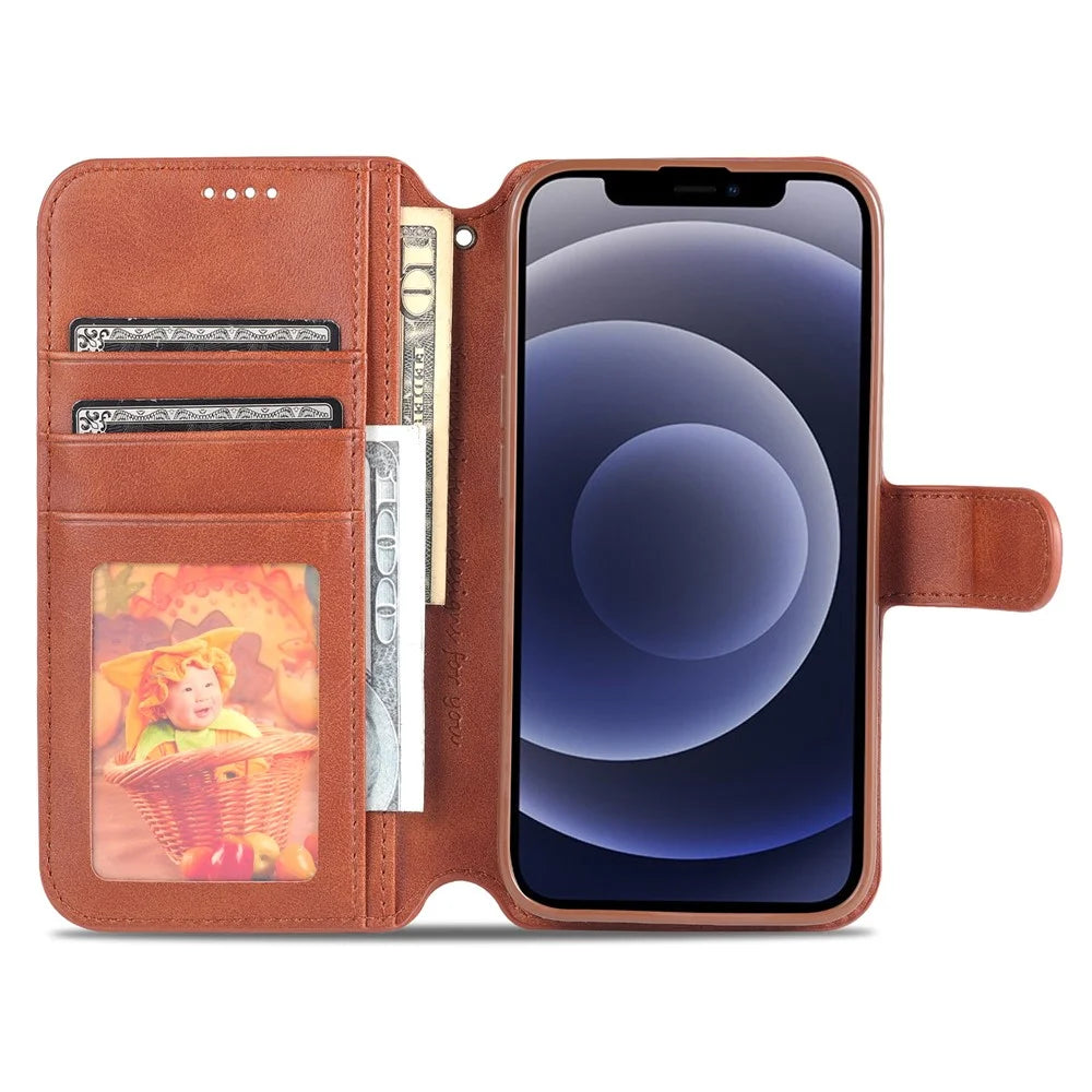AZNS Magnetic Clasp Anti-Fall Wallet Design Protective Leather Phone Cover Stand Case for iPhone 13 6.1 inch - Brown - 7