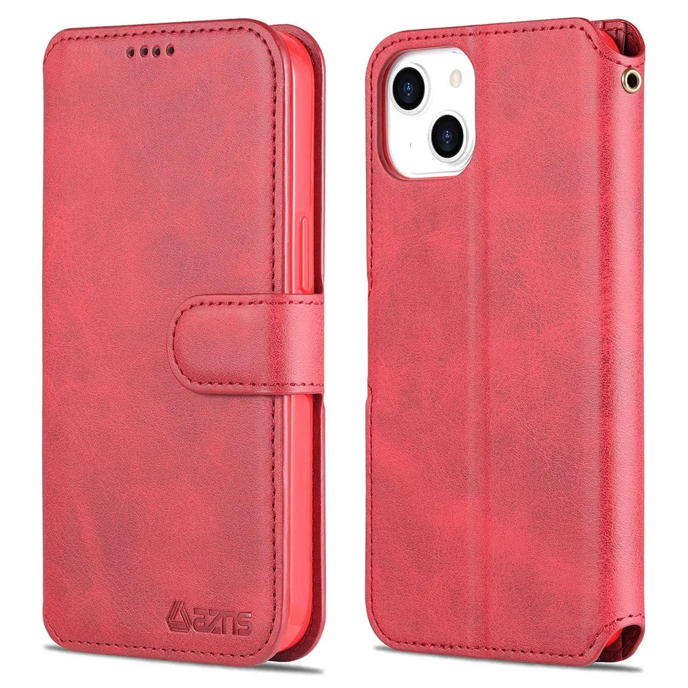 AZNS Magnetic Clasp Wallet Stand Design Anti-Scratch Lightweight Leather Phone Cover Case for iPhone 13 mini 5.4 inch - Red - 1