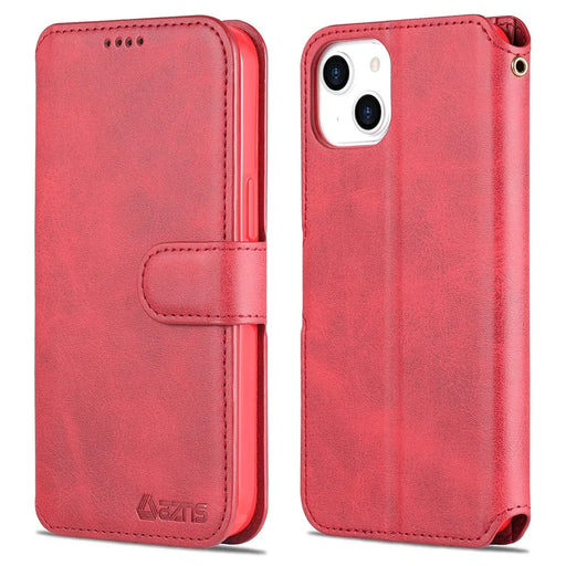 AZNS Magnetic Clasp Wallet Stand Design Anti-Scratch Lightweight Leather Phone Cover Case for iPhone 13 mini 5.4 inch - Red - 1