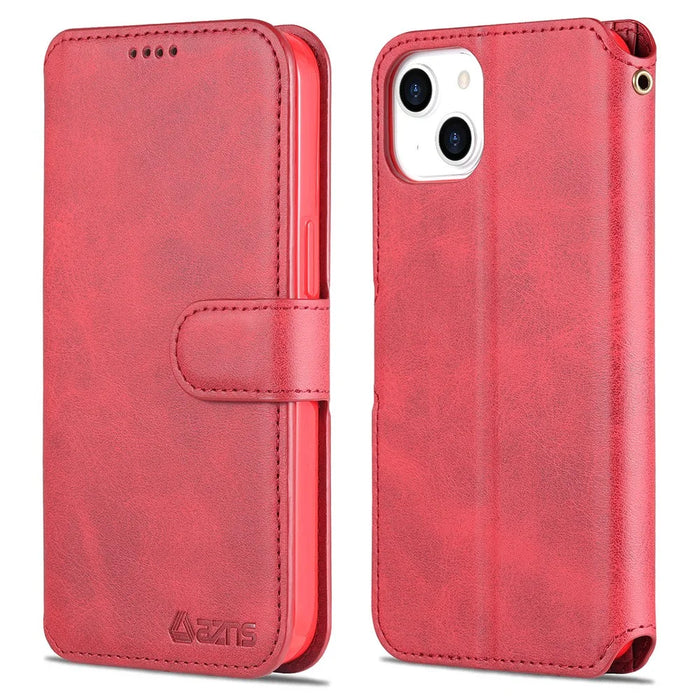 AZNS Magnetic Clasp Wallet Stand Design Anti-Scratch Lightweight Leather Phone Cover Case for iPhone 13 mini 5.4 inch - Red - 1