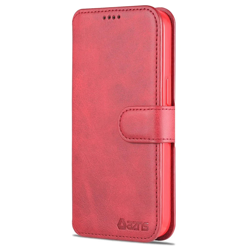 AZNS Magnetic Clasp Wallet Stand Design Anti-Scratch Lightweight Leather Phone Cover Case for iPhone 13 mini 5.4 inch - Red - 2