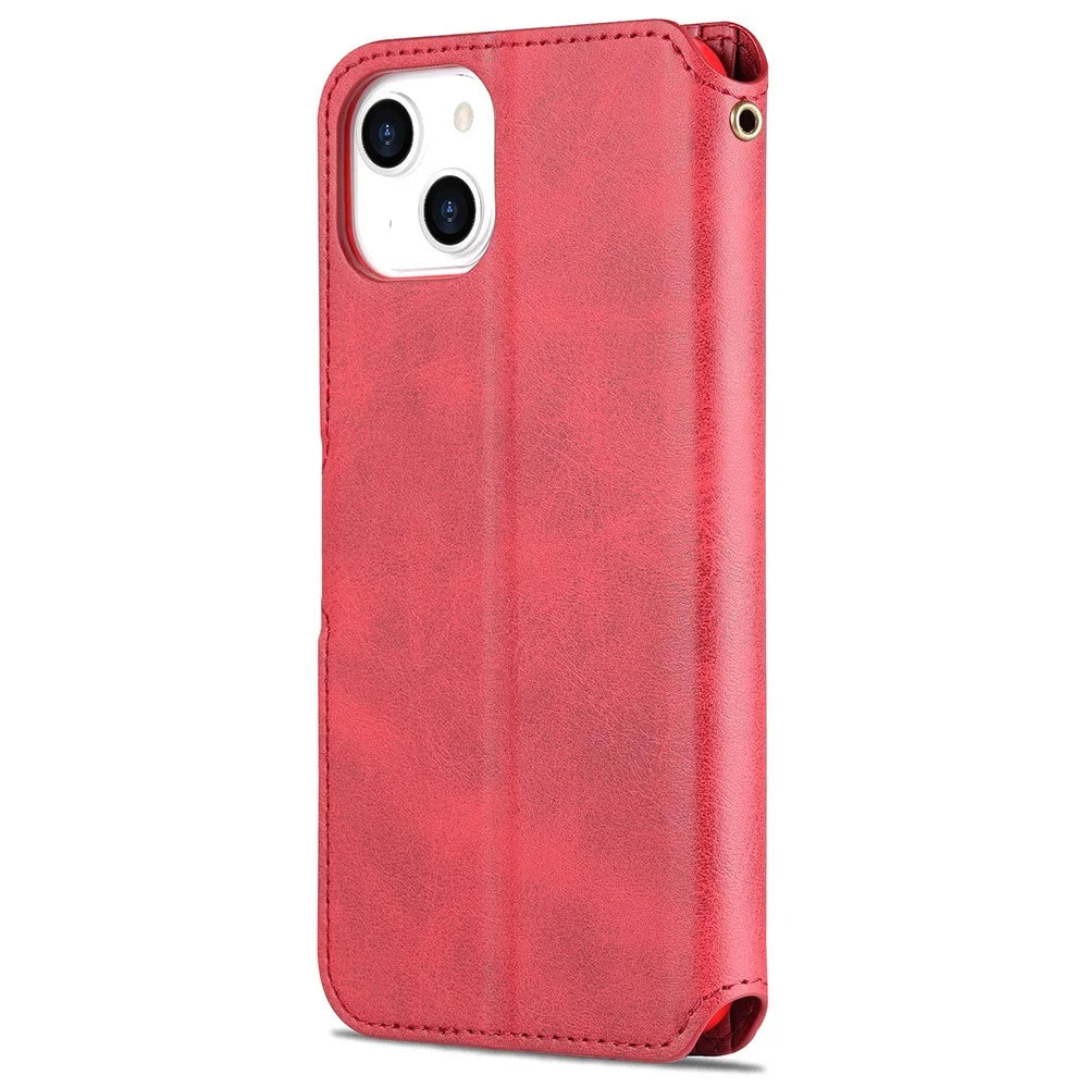 AZNS Magnetic Clasp Wallet Stand Design Anti-Scratch Lightweight Leather Phone Cover Case for iPhone 13 mini 5.4 inch - Red - 3