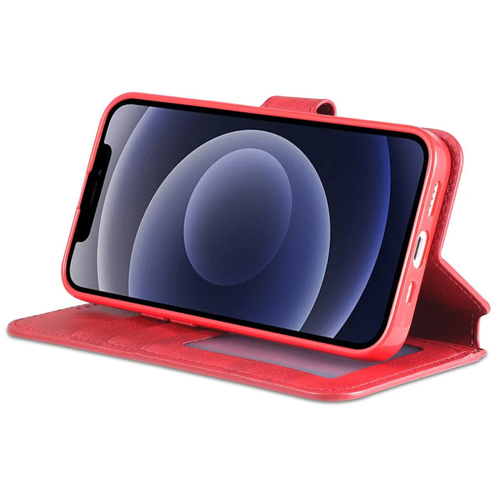 AZNS Magnetic Clasp Wallet Stand Design Anti-Scratch Lightweight Leather Phone Cover Case for iPhone 13 mini 5.4 inch - Red - 5