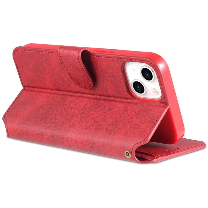 AZNS Magnetic Clasp Wallet Stand Design Anti-Scratch Lightweight Leather Phone Cover Case for iPhone 13 mini 5.4 inch - Red - 6