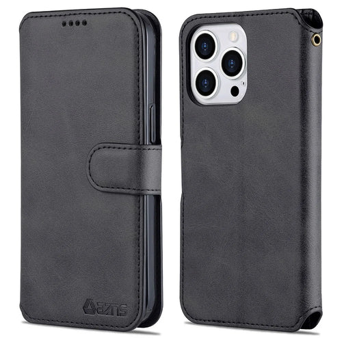 AZNS Wallet Stand Design Anti-Fall Magnetic Clasp Lightweight Leather Phone Cover Case for iPhone 13 Pro Max 6.7 inch - Black - 1