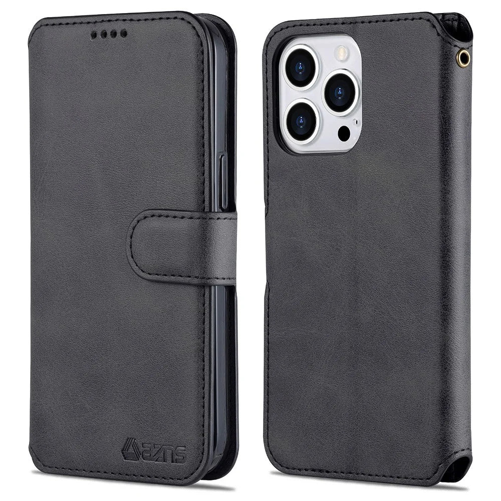 AZNS Wallet Stand Design Anti-Fall Magnetic Clasp Lightweight Leather Phone Cover Case for iPhone 13 Pro Max 6.7 inch - Black - 1