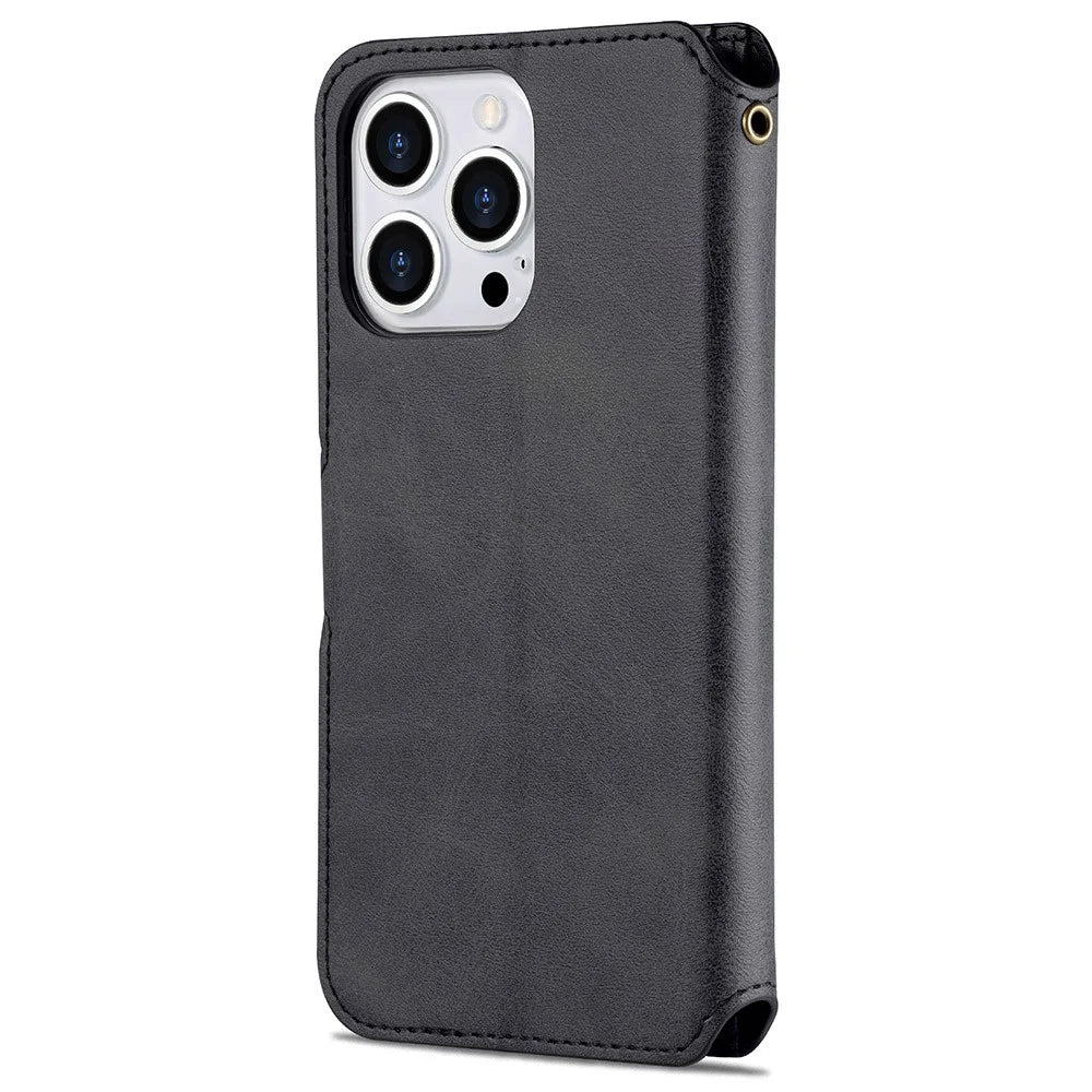 AZNS Wallet Stand Design Anti-Fall Magnetic Clasp Lightweight Leather Phone Cover Case for iPhone 13 Pro Max 6.7 inch - Black - 3