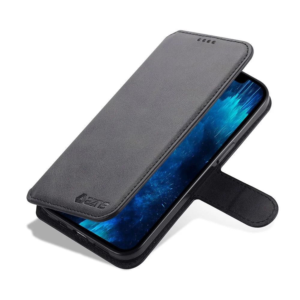 AZNS Wallet Stand Design Anti-Fall Magnetic Clasp Lightweight Leather Phone Cover Case for iPhone 13 Pro Max 6.7 inch - Black - 4