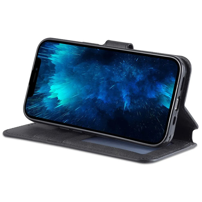 AZNS Wallet Stand Design Anti-Fall Magnetic Clasp Lightweight Leather Phone Cover Case for iPhone 13 Pro Max 6.7 inch - Black - 5