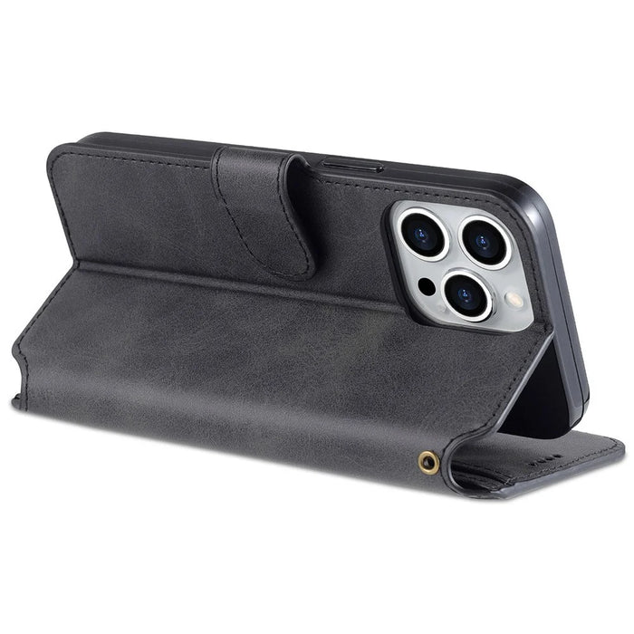 AZNS Wallet Stand Design Anti-Fall Magnetic Clasp Lightweight Leather Phone Cover Case for iPhone 13 Pro Max 6.7 inch - Black - 6