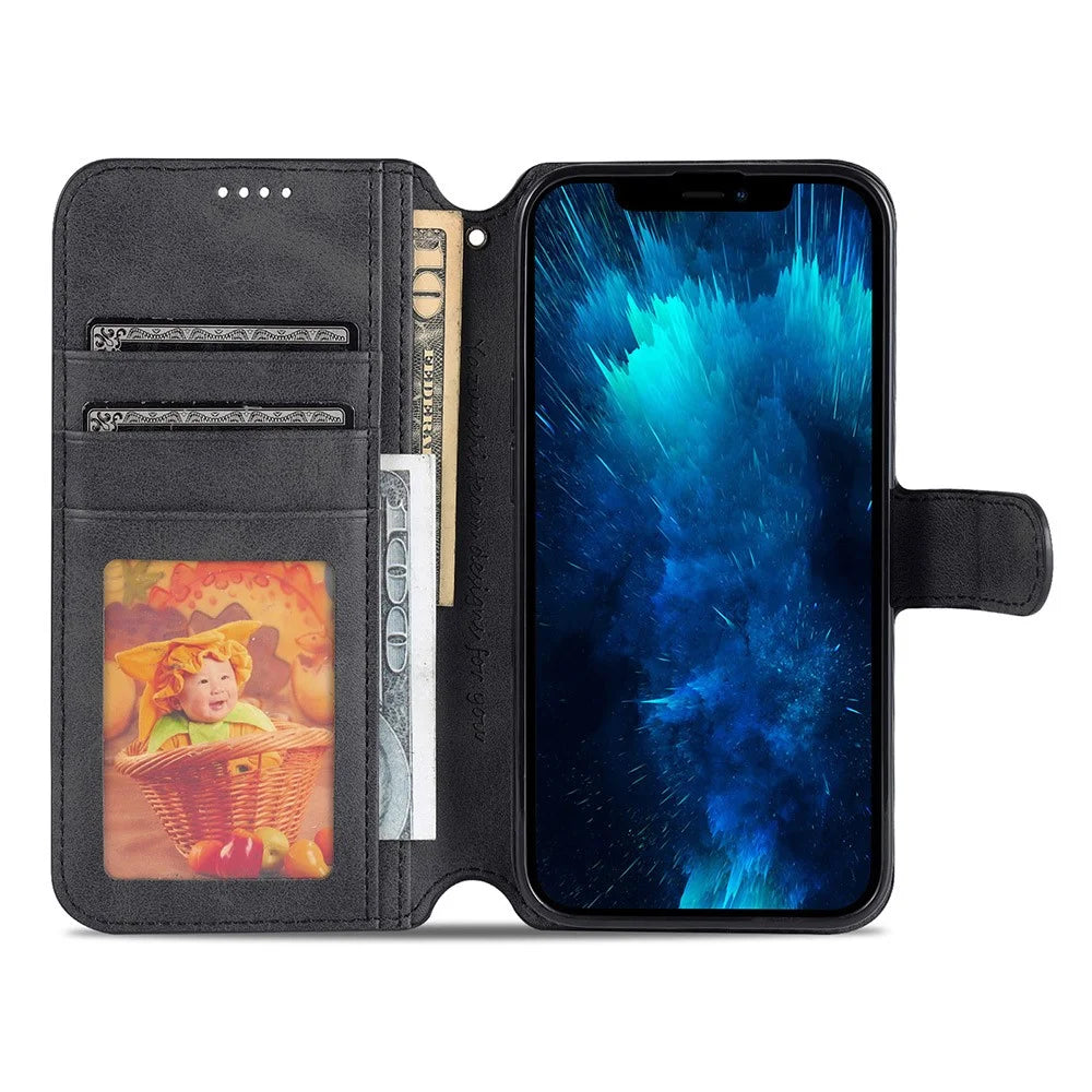 AZNS Wallet Stand Design Anti-Fall Magnetic Clasp Lightweight Leather Phone Cover Case for iPhone 13 Pro Max 6.7 inch - Black - 7